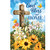 God Bless Our Home house flag with cross, flowers, and butterflies on blue cloudy background.