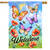 Butterflies and Poppies colorful welcome house flag with butterflies, flowers, and "Welcome" text on banner.