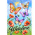Butterflies and poppies welcome flag with colorful butterflies, red flowers, and blue sky background design.