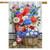 Red White and Beautiful House Flag with patriotic flowers in a bucket and wicker basket decoration.