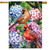 Perched Cardinals House Flag with vibrant cardinals and hydrangeas in shades of pink, purple, and blue.