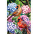Perched Cardinals House Flag with vibrant cardinals and hydrangeas in shades of pink, purple, and blue.