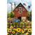 Sunflower Barn House Flag with red barn, blue truck, sunflowers, and sheep in a farm scene.