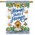 Country Home Sweet Home House Flag with butterflies, flowers, and birdhouse on white wood background.