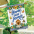 Country Home Sweet Home House Flag with butterflies, flowers, and birdhouse on white wood background.