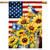 American Country House Flag with sunflowers, blue bird, butterfly, and USA flag background design.