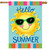 Hello Sun Summer House Flag with smiling sun wearing green sunglasses on light blue background.
