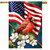 American Floral red cardinal house flag with USA flag and white flowers, gold pole hardware shown.