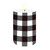 Black and white check flameless candle with yellow flame on a white background.