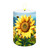 Sunflower Dance Flameless Candle with vibrant yellow sunflowers and busy bees on a serene blue background.