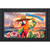 Sunset Parrot Doormat with colorful parrot, tropical flowers, and beach scene design in black frame.