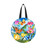 Sunshine Butterflies colorful tote bag with floral design, butterflies and blue sky on circular wood hanger.