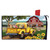 Yellow truck with flowers on a mailbox cover with a red barn and sunflowers nearby.