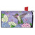 Hummingbird and Hydrangea mailbox cover with purple background, green hummingbird, and blue, pink, white hydrangeas.