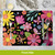 Spring Fling Placemat with colorful floral design on black background, silverware on top, four pack.