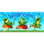 Happy Frogs Mini Mat with three green frogs on mushroom, welcome sign, grass, and blue sky.