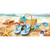 Blue and white polka dot flip flops, starfish, seashells, and beach bag on sandy beach shore.