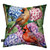 Perched Cardinals Indoor/Outdoor Pillow with vibrant hydrangeas and two colorful cardinals on white background.