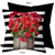 Red geraniums in wooden planter on black and white striped pillow, indoor outdoor decorative throw pillow.