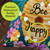 Happy Beehive Indoor/Outdoor Pillow, waterproof burlap material, colorful floral design with bees and honeycomb pattern.