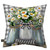 Farmhouse Jars Indoor/Outdoor Pillow with daisies in mason jars on gray and white checkered background.