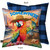 Sunset Parrot Indoor/Outdoor Pillow, colorful beach design with tropical parrot, blue plaid reverse side shown.