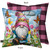 Springtime Gnome Indoor Outdoor Pillow, pink and purple plaid back, colorful garden gnome design.