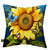 Sunflower Dance Indoor/Outdoor Pillow with vibrant yellow sunflower, butterflies, and insects on blue background.