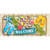 Colorful beach mat with flip flops, starfish, and welcome sign on wooden deck background.