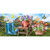 Vibrant garden scene with blue boots, flowers in a red watering can and wicker basket outdoors.