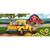 Yellow vintage truck with flowers, driving past red barn and sunflowers on a sunny day scene.