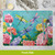 Dragonfly Garden Placemat, colorful floral design with dragonflies, utensils on vibrant blue background, 4-pack.