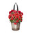 Wooden bucket with red and pink striped geraniums and black strap door hanger decoration.