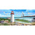 Coastal Lighthouse Mini Mat with white tower, red roof, and seagulls flying near rocky shoreline scenery.