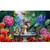 Vibrant garden scene with colorful birds, butterflies, and flowers on Spring Bath Birds Comfort Mat.