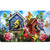 Floral Birdhouses Comfort Mat with colorful birdhouses, birds, butterflies, and flowers on a blue background.
