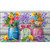 Spring floral comfort mat with colorful jars and flowers on a plaid surface, blue, pink, white jars.