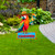 Vibrant red, green, and blue macaw parrot on metal art sign with sombrero and garden background.