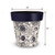 Woodcut Floral Medium Planter, 11" tall, navy blue rim, floral design on white background.