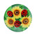 Ladybugs and sunflowers design on a round glass birdbath with vibrant red, yellow, and green colors.