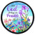 Round With God Plant Stand with purple flowers, blue birds, and inspirational quote on black base.