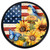 American Country Plant Stand with patriotic design, sunflowers, blue bird, and butterfly on circular background.