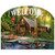 Lakeside Cabin Acrylic Art Sign with deer, ducks, and cardinal near a log cabin scene.