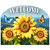 Sunflower Dance Acrylic Art Sign with welcome text, yellow sunflowers, butterflies, and serene landscape background.