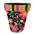 Spring Fling Large Planter, colorful floral design, black base, striped rim, pink, yellow, green hues.