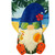 Summertime Gnome Burlap House Flag with beach gnome, blue hat, sunglasses, and tropical design elements.