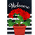 Red geraniums in terracotta pot on black and white stripes with welcome text garden flag design.