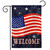 Burlap garden flag with American flag design, fireworks, and Welcome text on navy blue background.