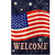Celebrate America Burlap Garden Flag with American flag, fireworks, and welcome text on burlap material.
