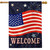 Celebrate America Burlap House Flag with patriotic fireworks and Welcome text on dark blue background.